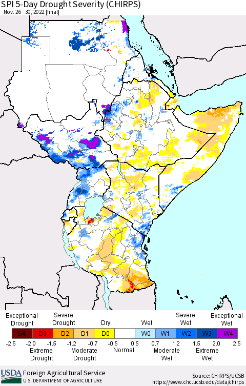 Eastern Africa SPI 5-Day Drought Severity (CHIRPS) Thematic Map For 11/26/2022 - 11/30/2022