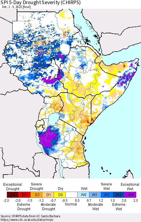 Eastern Africa SPI 5-Day Drought Severity (CHIRPS) Thematic Map For 12/1/2022 - 12/5/2022