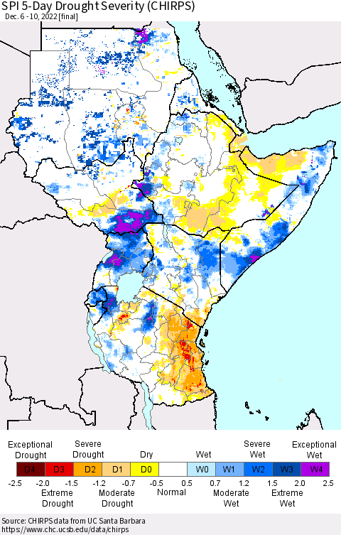 Eastern Africa SPI 5-Day Drought Severity (CHIRPS) Thematic Map For 12/6/2022 - 12/10/2022