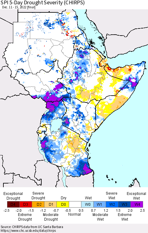 Eastern Africa SPI 5-Day Drought Severity (CHIRPS) Thematic Map For 12/11/2022 - 12/15/2022
