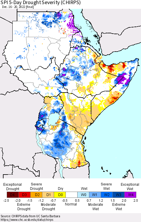 Eastern Africa SPI 5-Day Drought Severity (CHIRPS) Thematic Map For 12/16/2022 - 12/20/2022