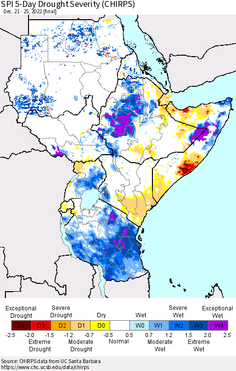 Eastern Africa SPI 5-Day Drought Severity (CHIRPS) Thematic Map For 12/21/2022 - 12/25/2022