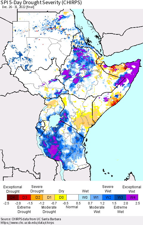 Eastern Africa SPI 5-Day Drought Severity (CHIRPS) Thematic Map For 12/26/2022 - 12/31/2022