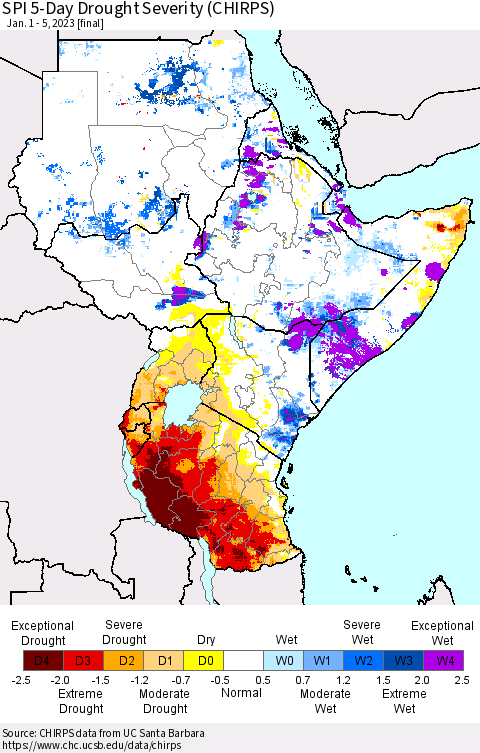 Eastern Africa SPI 5-Day Drought Severity (CHIRPS) Thematic Map For 1/1/2023 - 1/5/2023