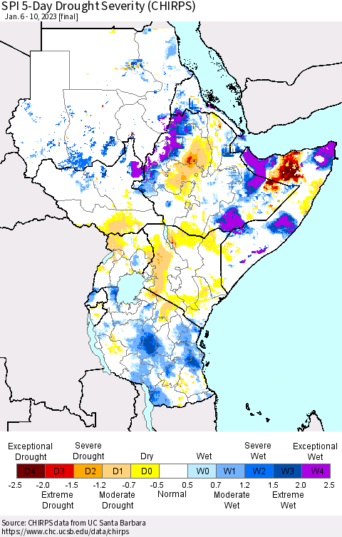 Eastern Africa SPI 5-Day Drought Severity (CHIRPS) Thematic Map For 1/6/2023 - 1/10/2023