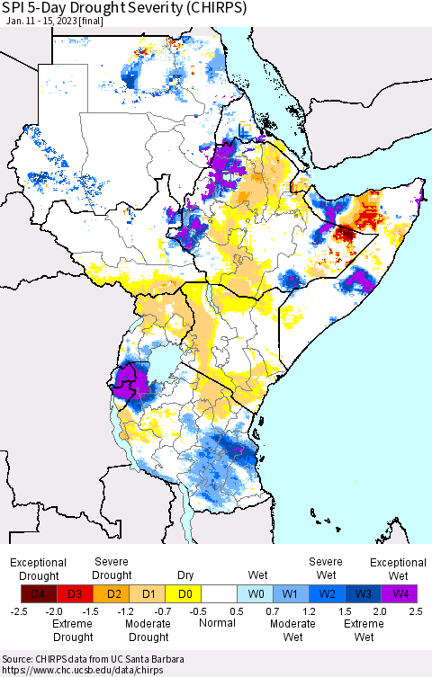 Eastern Africa SPI 5-Day Drought Severity (CHIRPS) Thematic Map For 1/11/2023 - 1/15/2023