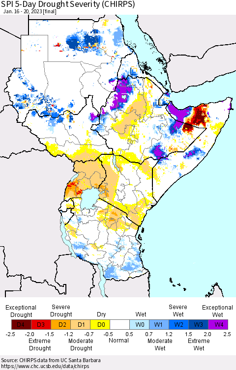 Eastern Africa SPI 5-Day Drought Severity (CHIRPS) Thematic Map For 1/16/2023 - 1/20/2023
