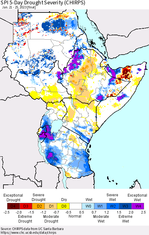 Eastern Africa SPI 5-Day Drought Severity (CHIRPS) Thematic Map For 1/21/2023 - 1/25/2023