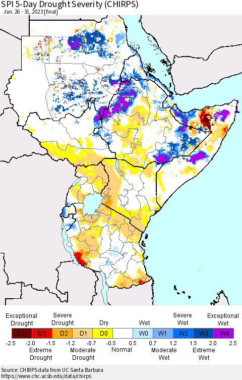 Eastern Africa SPI 5-Day Drought Severity (CHIRPS) Thematic Map For 1/26/2023 - 1/31/2023