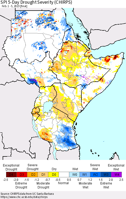 Eastern Africa SPI 5-Day Drought Severity (CHIRPS) Thematic Map For 2/1/2023 - 2/5/2023