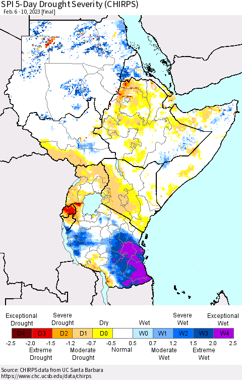 Eastern Africa SPI 5-Day Drought Severity (CHIRPS) Thematic Map For 2/6/2023 - 2/10/2023