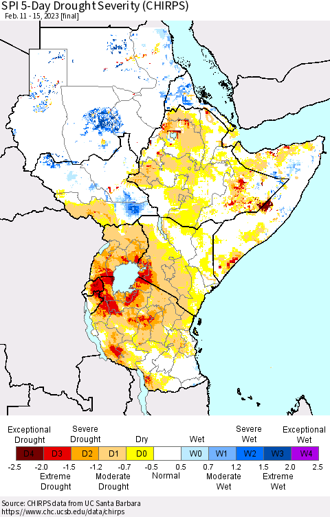 Eastern Africa SPI 5-Day Drought Severity (CHIRPS) Thematic Map For 2/11/2023 - 2/15/2023