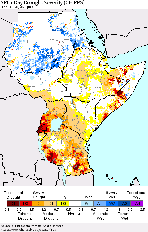 Eastern Africa SPI 5-Day Drought Severity (CHIRPS) Thematic Map For 2/16/2023 - 2/20/2023