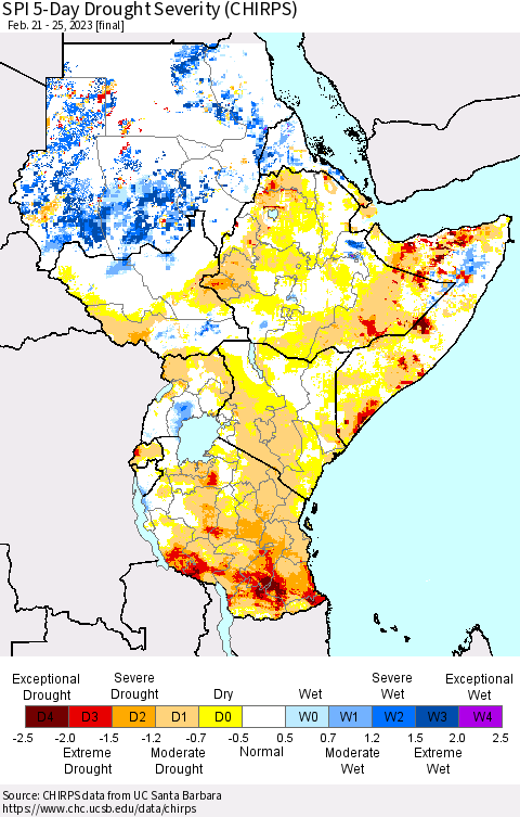 Eastern Africa SPI 5-Day Drought Severity (CHIRPS) Thematic Map For 2/21/2023 - 2/25/2023