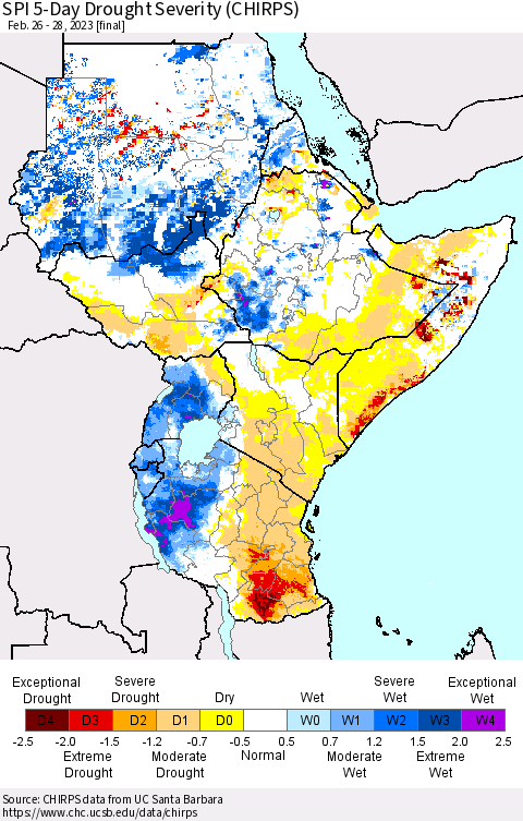Eastern Africa SPI 5-Day Drought Severity (CHIRPS) Thematic Map For 2/26/2023 - 2/28/2023