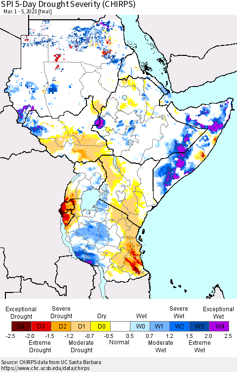 Eastern Africa SPI 5-Day Drought Severity (CHIRPS) Thematic Map For 3/1/2023 - 3/5/2023