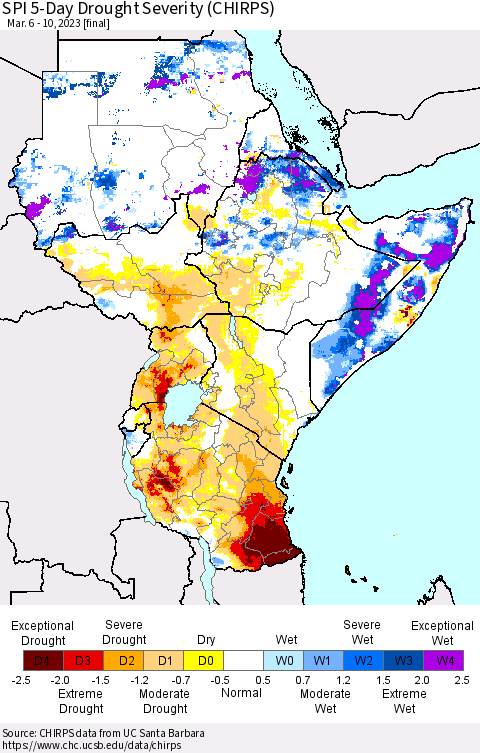Eastern Africa SPI 5-Day Drought Severity (CHIRPS) Thematic Map For 3/6/2023 - 3/10/2023