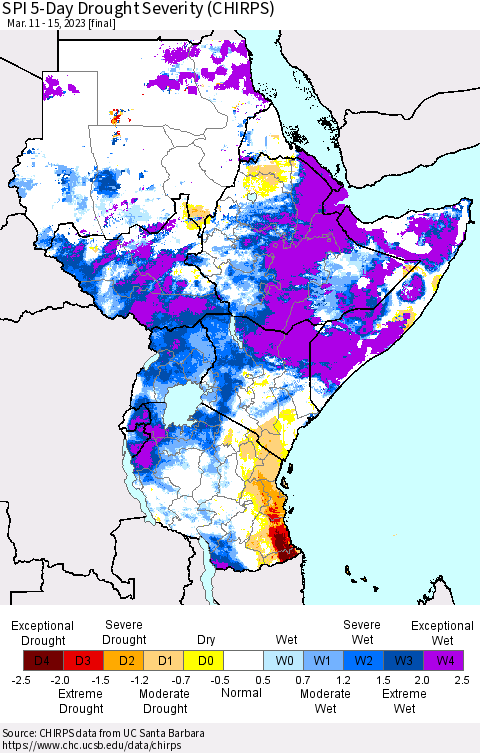 Eastern Africa SPI 5-Day Drought Severity (CHIRPS) Thematic Map For 3/11/2023 - 3/15/2023
