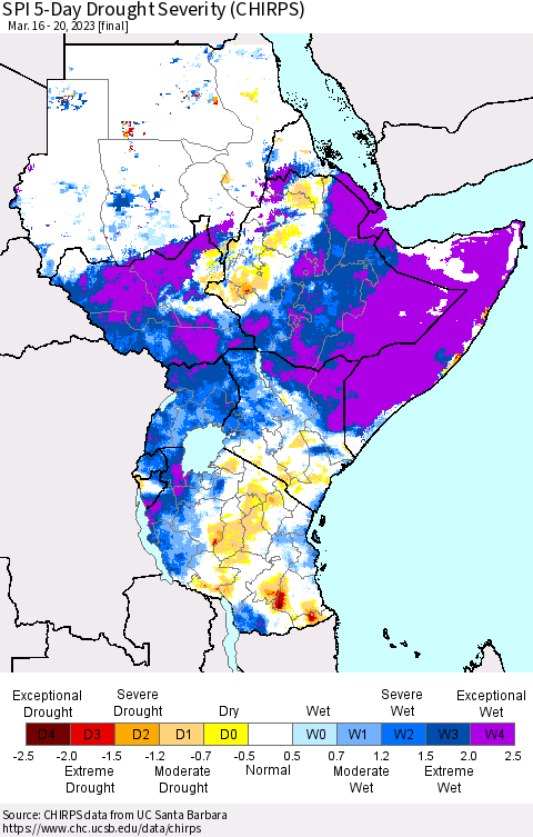 Eastern Africa SPI 5-Day Drought Severity (CHIRPS) Thematic Map For 3/16/2023 - 3/20/2023