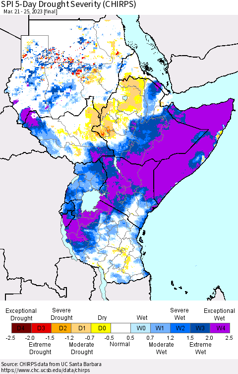 Eastern Africa SPI 5-Day Drought Severity (CHIRPS) Thematic Map For 3/21/2023 - 3/25/2023