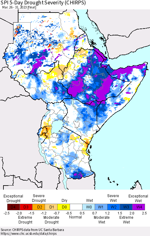 Eastern Africa SPI 5-Day Drought Severity (CHIRPS) Thematic Map For 3/26/2023 - 3/31/2023