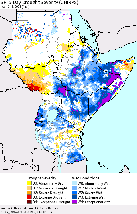 Eastern Africa SPI 5-Day Drought Severity (CHIRPS) Thematic Map For 4/1/2023 - 4/5/2023
