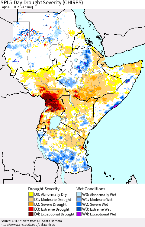Eastern Africa SPI 5-Day Drought Severity (CHIRPS) Thematic Map For 4/6/2023 - 4/10/2023