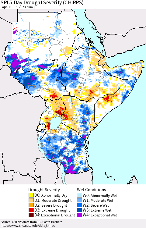 Eastern Africa SPI 5-Day Drought Severity (CHIRPS) Thematic Map For 4/11/2023 - 4/15/2023