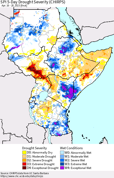 Eastern Africa SPI 5-Day Drought Severity (CHIRPS) Thematic Map For 4/16/2023 - 4/20/2023
