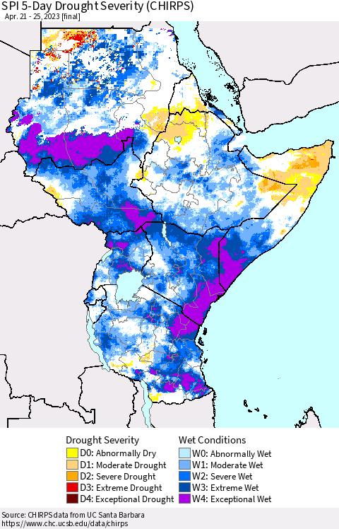 Eastern Africa SPI 5-Day Drought Severity (CHIRPS) Thematic Map For 4/21/2023 - 4/25/2023