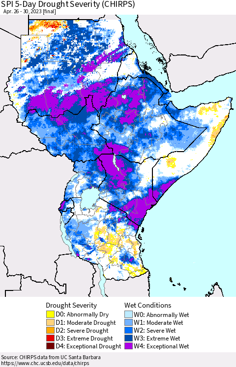 Eastern Africa SPI 5-Day Drought Severity (CHIRPS) Thematic Map For 4/26/2023 - 4/30/2023