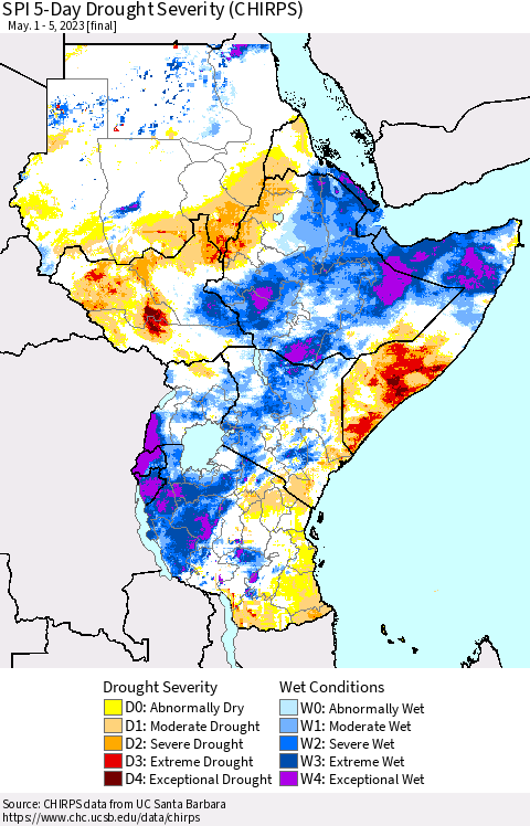 Eastern Africa SPI 5-Day Drought Severity (CHIRPS) Thematic Map For 5/1/2023 - 5/5/2023