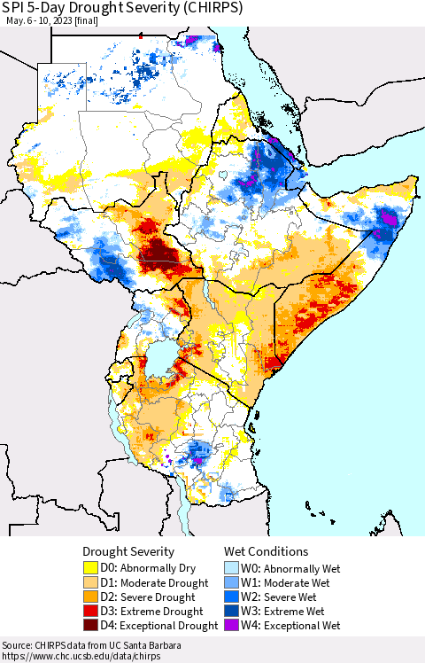 Eastern Africa SPI 5-Day Drought Severity (CHIRPS) Thematic Map For 5/6/2023 - 5/10/2023