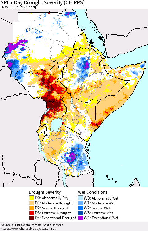 Eastern Africa SPI 5-Day Drought Severity (CHIRPS) Thematic Map For 5/11/2023 - 5/15/2023