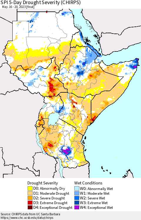 Eastern Africa SPI 5-Day Drought Severity (CHIRPS) Thematic Map For 5/16/2023 - 5/20/2023
