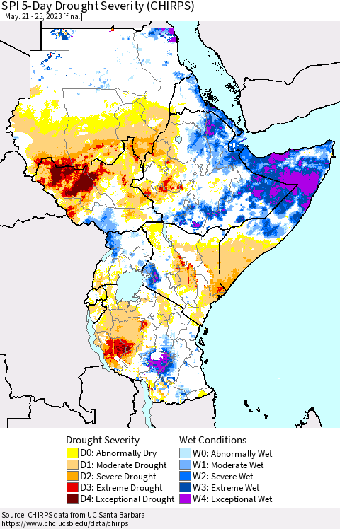Eastern Africa SPI 5-Day Drought Severity (CHIRPS) Thematic Map For 5/21/2023 - 5/25/2023