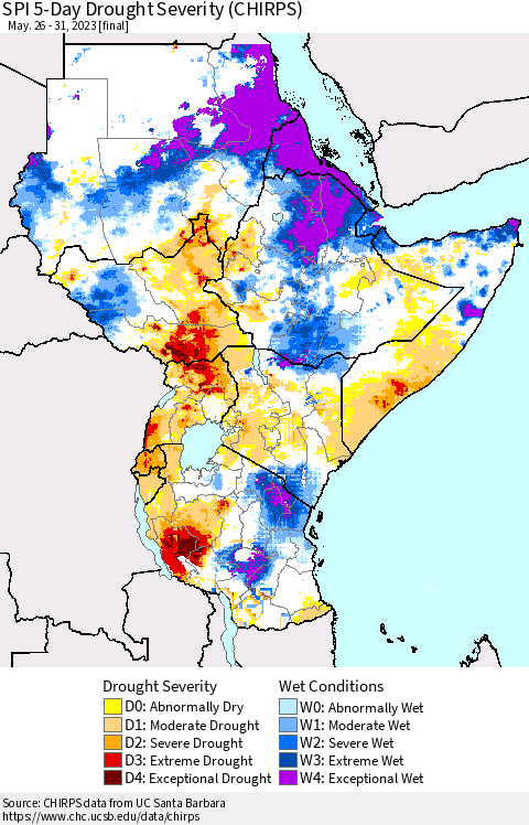 Eastern Africa SPI 5-Day Drought Severity (CHIRPS) Thematic Map For 5/26/2023 - 5/31/2023