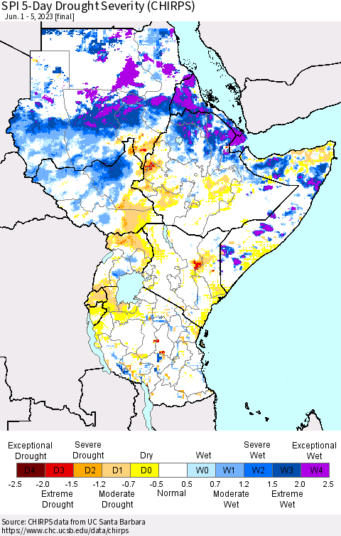 Eastern Africa SPI 5-Day Drought Severity (CHIRPS) Thematic Map For 6/1/2023 - 6/5/2023