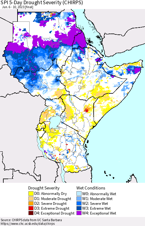 Eastern Africa SPI 5-Day Drought Severity (CHIRPS) Thematic Map For 6/6/2023 - 6/10/2023