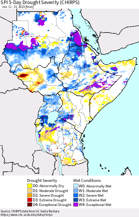 Eastern Africa SPI 5-Day Drought Severity (CHIRPS) Thematic Map For 6/11/2023 - 6/15/2023