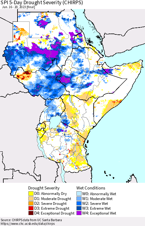 Eastern Africa SPI 5-Day Drought Severity (CHIRPS) Thematic Map For 6/16/2023 - 6/20/2023