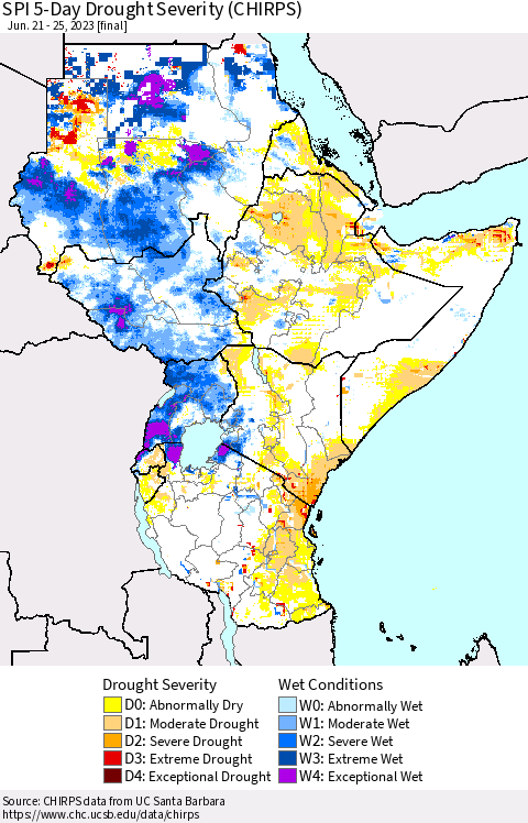 Eastern Africa SPI 5-Day Drought Severity (CHIRPS) Thematic Map For 6/21/2023 - 6/25/2023