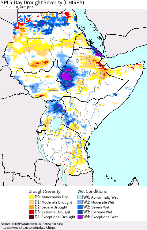 Eastern Africa SPI 5-Day Drought Severity (CHIRPS) Thematic Map For 6/26/2023 - 6/30/2023