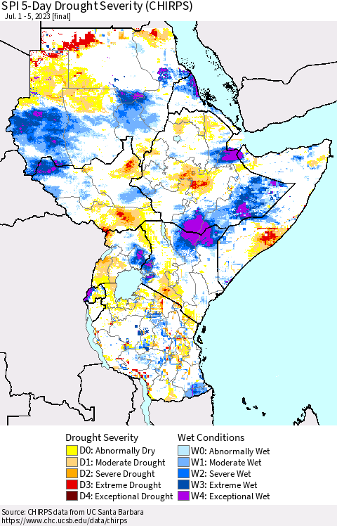 Eastern Africa SPI 5-Day Drought Severity (CHIRPS) Thematic Map For 7/1/2023 - 7/5/2023