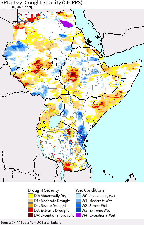 Eastern Africa SPI 5-Day Drought Severity (CHIRPS) Thematic Map For 7/6/2023 - 7/10/2023