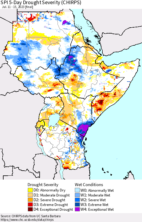 Eastern Africa SPI 5-Day Drought Severity (CHIRPS) Thematic Map For 7/11/2023 - 7/15/2023