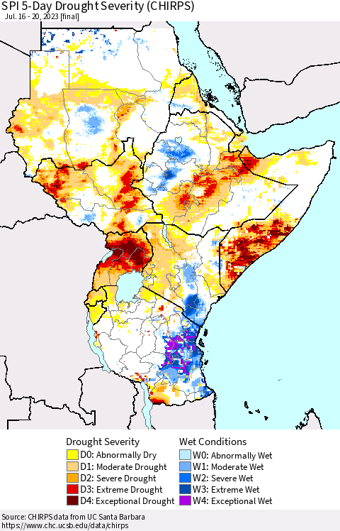 Eastern Africa SPI 5-Day Drought Severity (CHIRPS) Thematic Map For 7/16/2023 - 7/20/2023