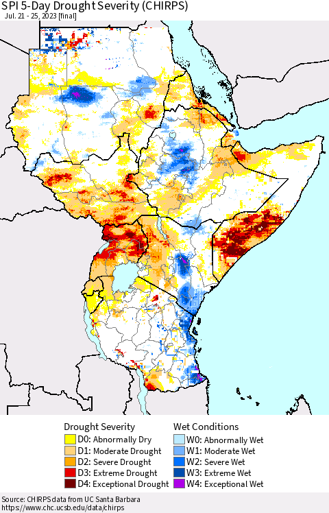 Eastern Africa SPI 5-Day Drought Severity (CHIRPS) Thematic Map For 7/21/2023 - 7/25/2023