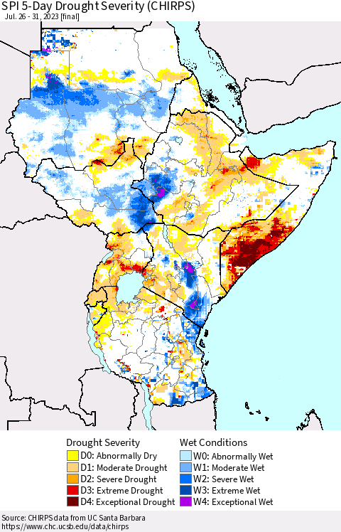 Eastern Africa SPI 5-Day Drought Severity (CHIRPS) Thematic Map For 7/26/2023 - 7/31/2023