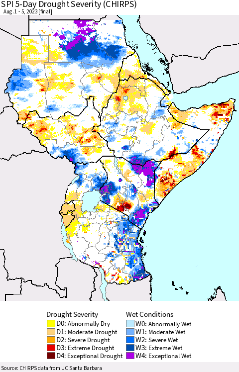 Eastern Africa SPI 5-Day Drought Severity (CHIRPS) Thematic Map For 8/1/2023 - 8/5/2023